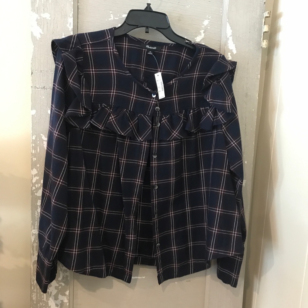 NWT Madewell Plaid Ruffle Yoke Top Navy Size XL